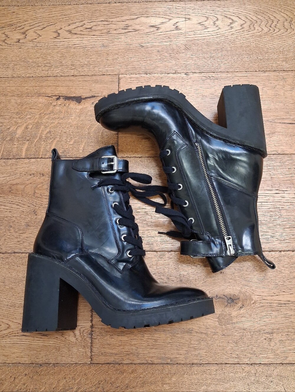 AllSaints Cacey Black Leather Buckle Lace Up Block Heel Combat Boots Size 9